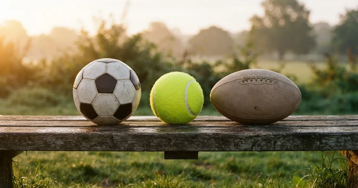 Three balls of different kinds side by side on a wooden bench
