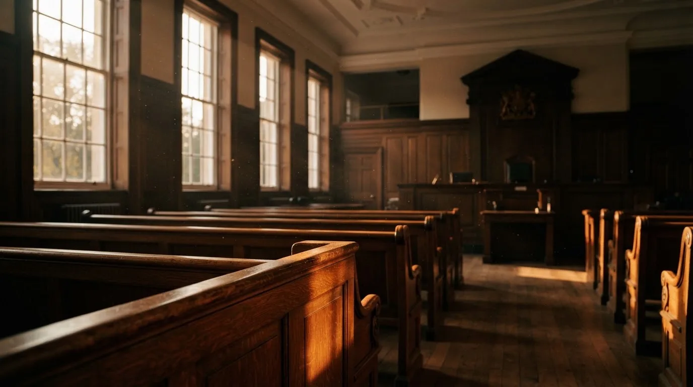 An empty courtroom with wooden benches in morning light