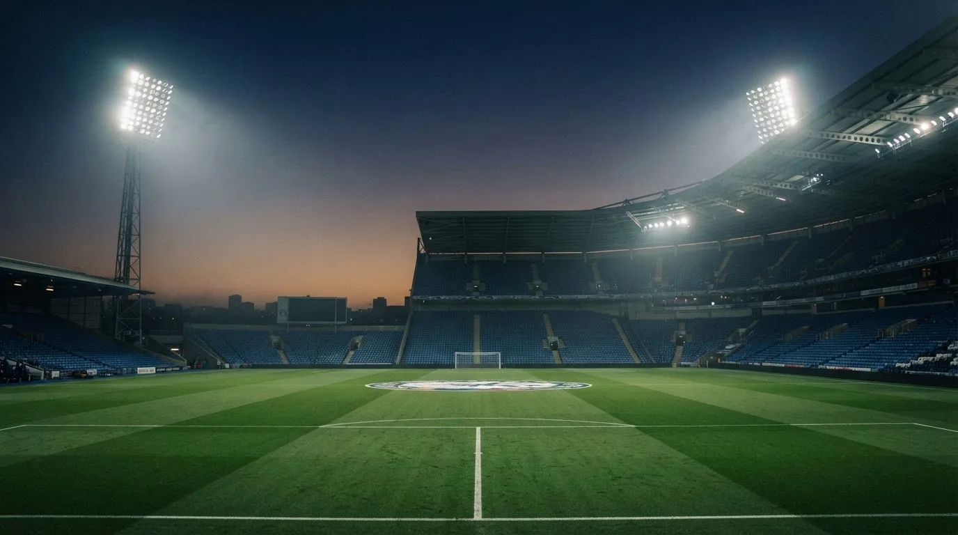 An empty football stadium with floodlight masts at dusk