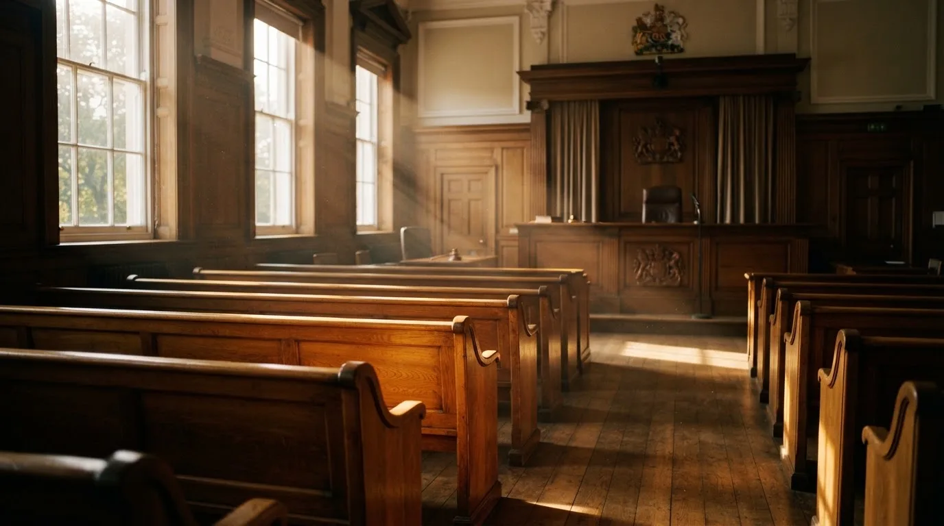 An empty courtroom with wooden benches in morning light