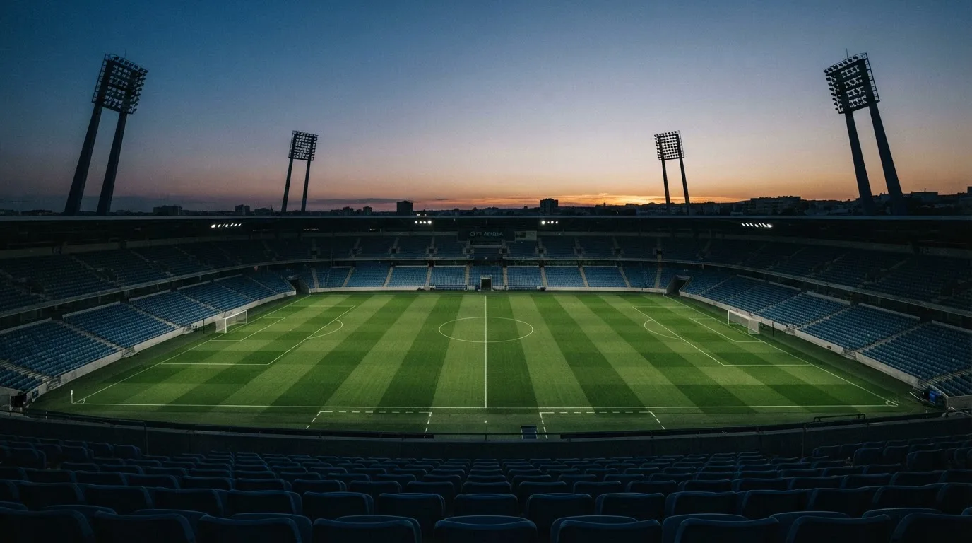 An empty football stadium with floodlight masts at dusk