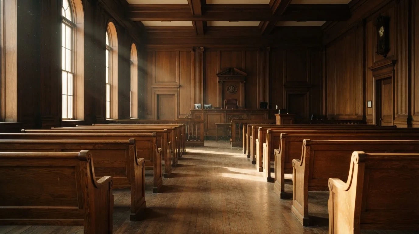 An empty courtroom with wooden benches in morning light