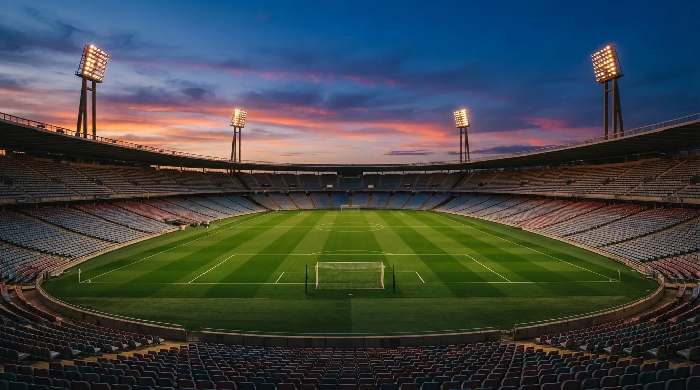 An empty football stadium with floodlight masts at dusk