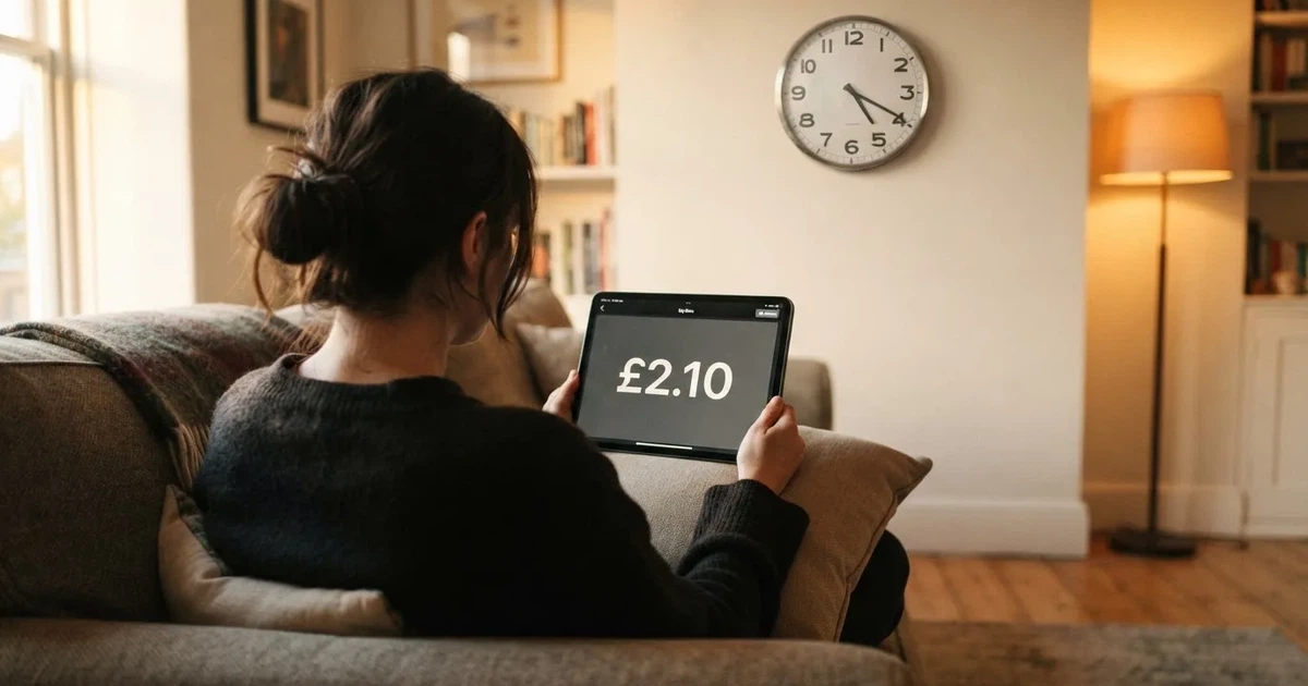 A person on a sofa looking thoughtfully at a tablet, a wall clock in the background