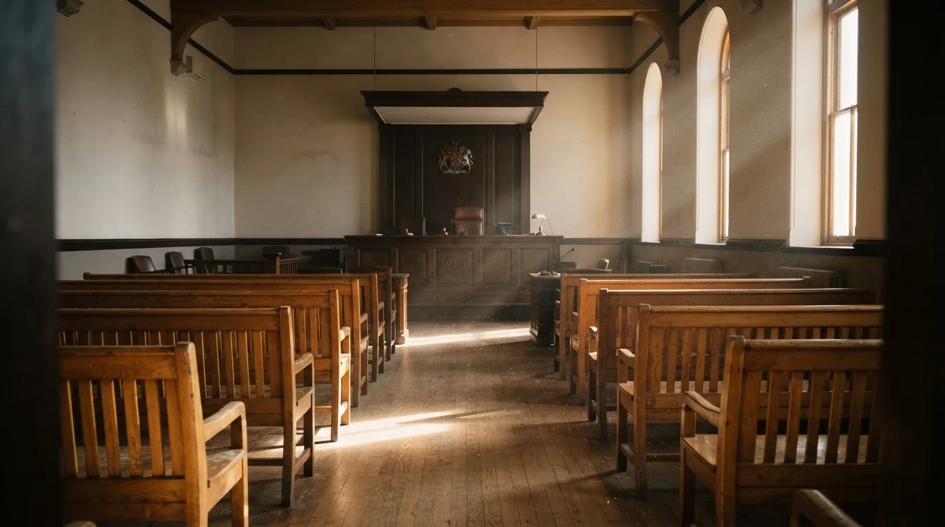An empty courtroom with wooden benches in morning light