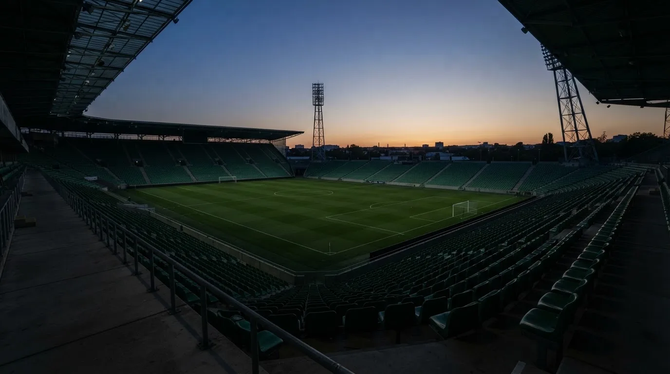 An empty football stadium with floodlight masts at dusk