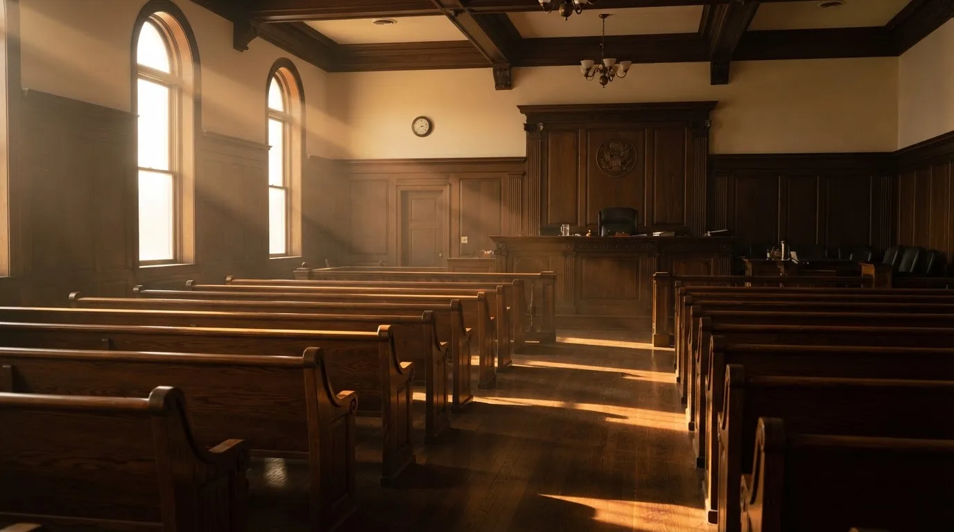An empty courtroom with wooden benches in morning light