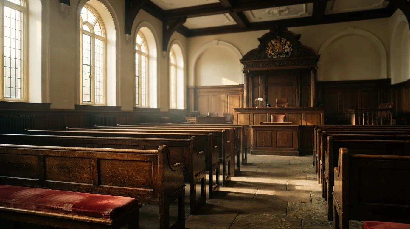 An empty courtroom with wooden benches in morning light