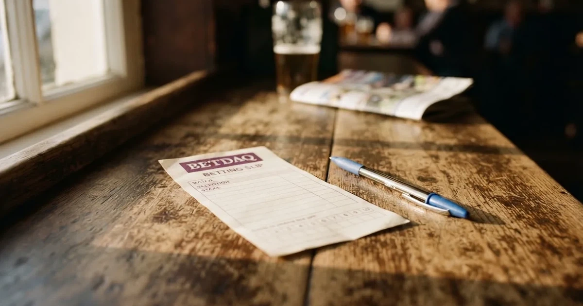 A blank paper betting slip beside a pen on a wooden counter