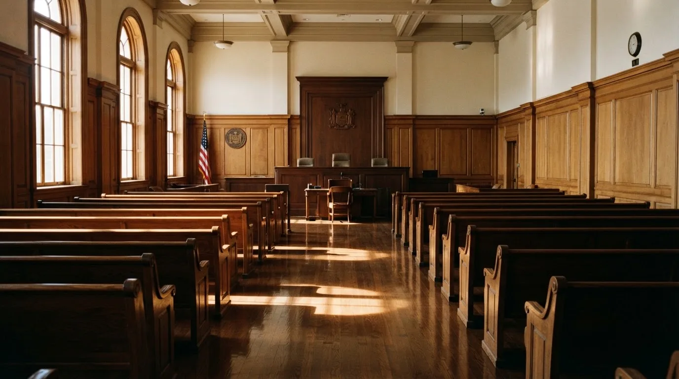 An empty courtroom with wooden benches in morning light