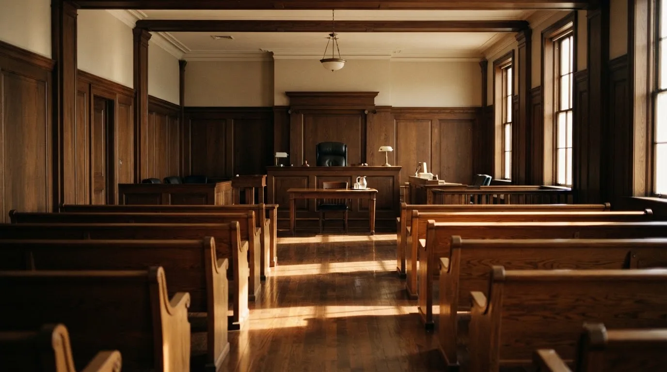 An empty courtroom with wooden benches in morning light
