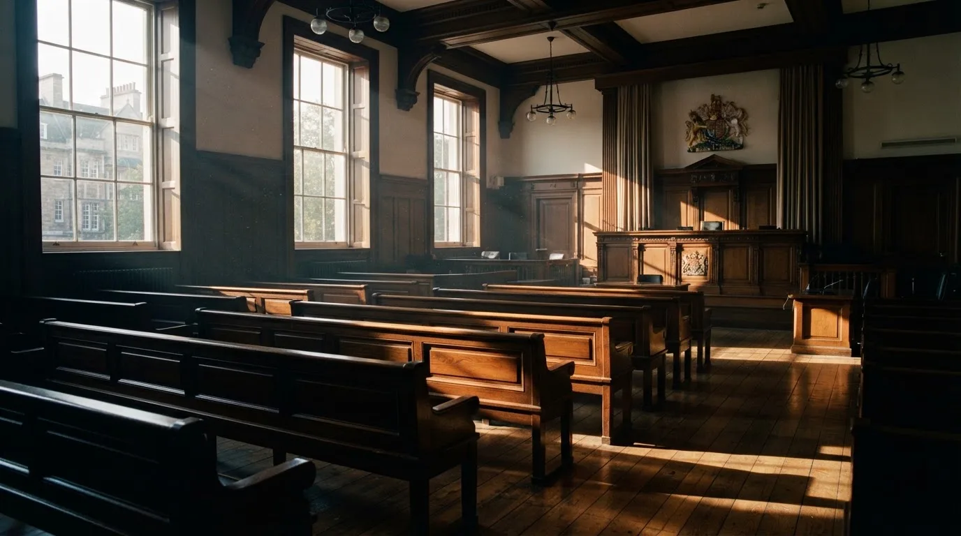 An empty courtroom with wooden benches in morning light