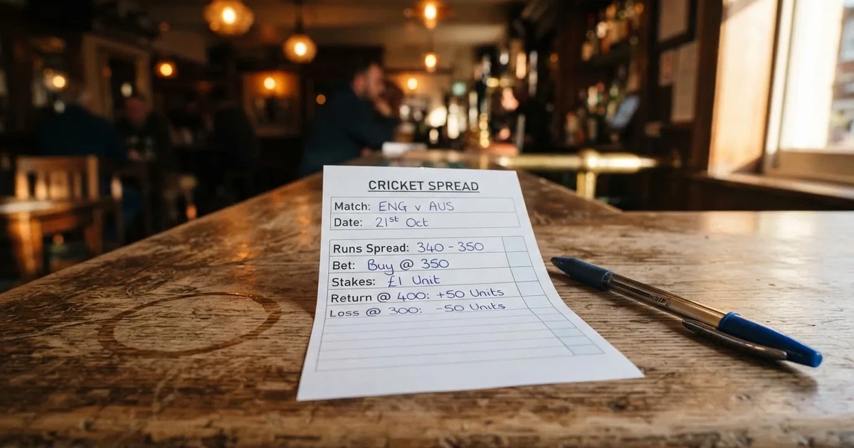 A blank paper betting slip beside a pen on a wooden counter