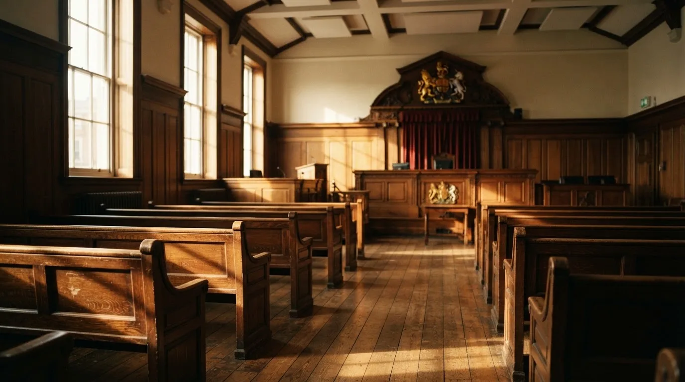 An empty courtroom with wooden benches in morning light