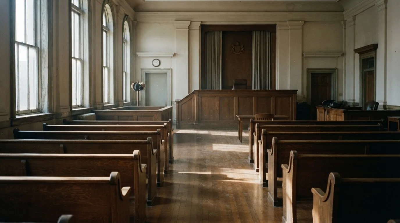 An empty courtroom with wooden benches in morning light