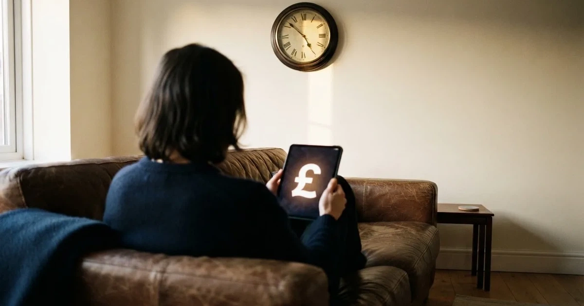 A person on a sofa looking thoughtfully at a tablet, a wall clock in the background