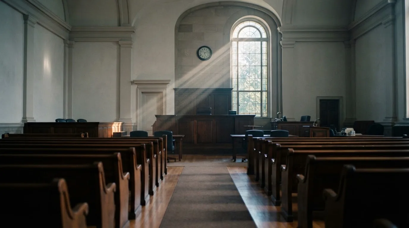 An empty courtroom with wooden benches in morning light