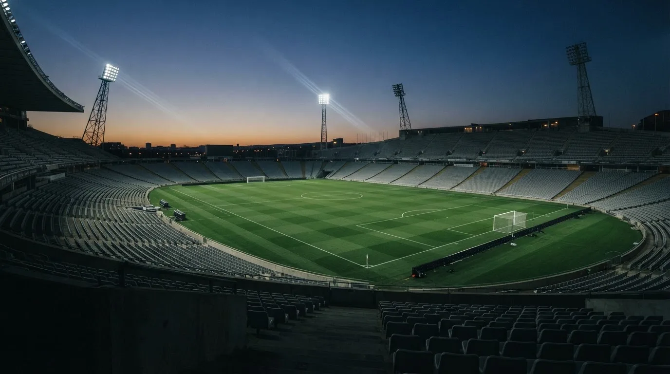 An empty football stadium with floodlight masts at dusk