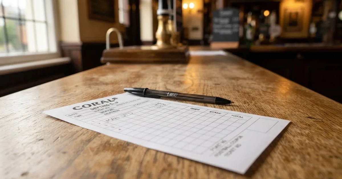 A blank paper betting slip beside a pen on a wooden counter