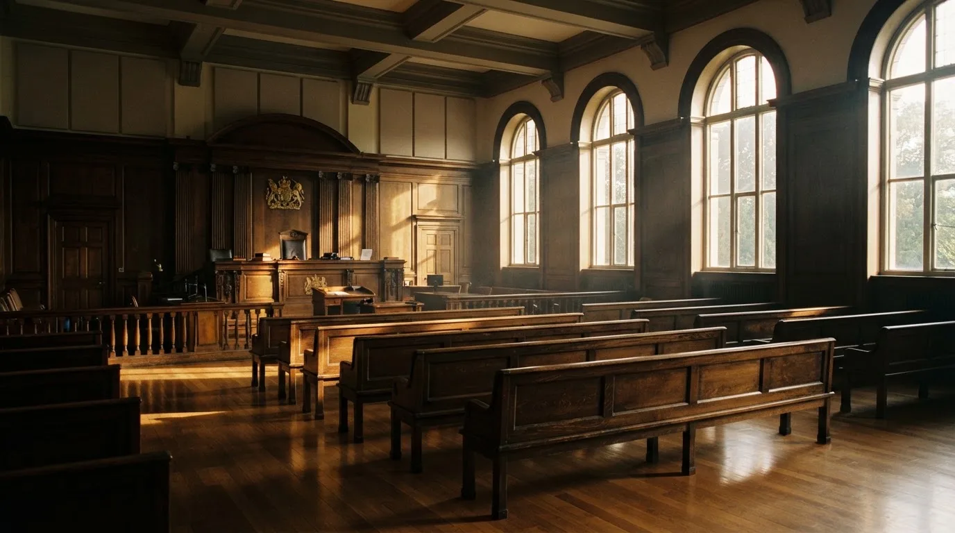 An empty courtroom with wooden benches in morning light