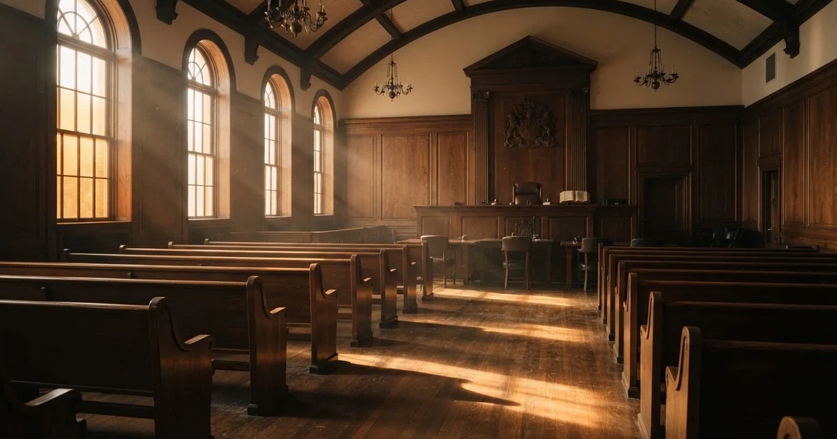 An empty courtroom with wooden benches in morning light