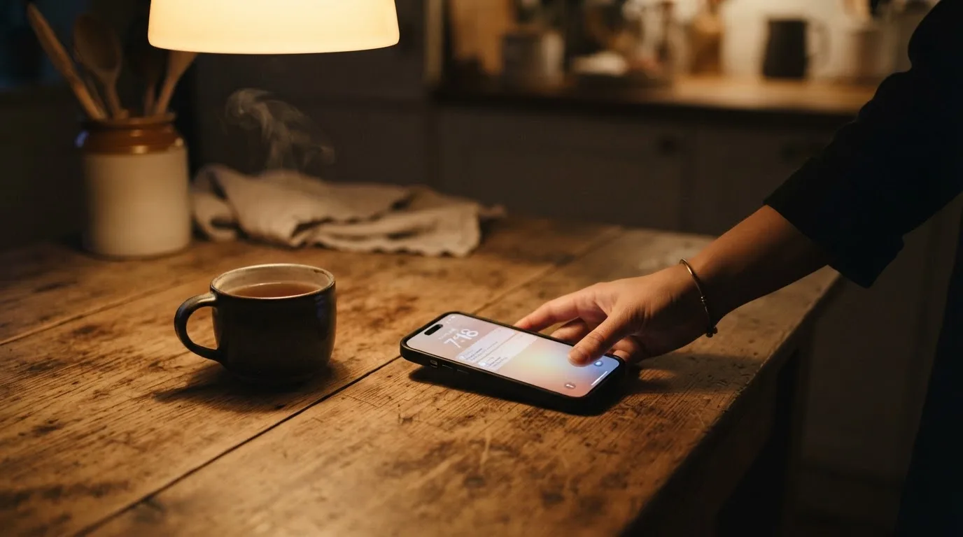 A hand setting a smartphone down beside a cup of tea on a kitchen table on a quiet evening