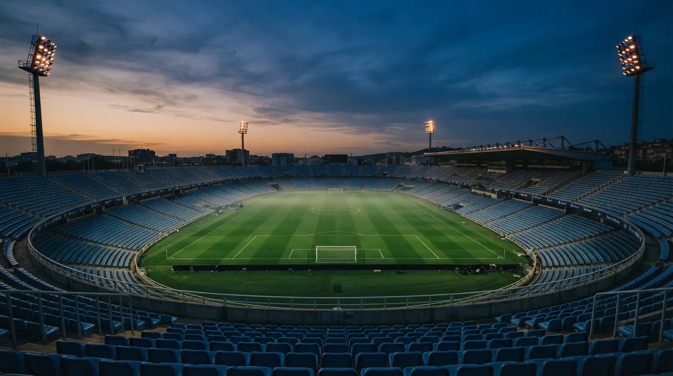 An empty football stadium with floodlight masts at dusk
