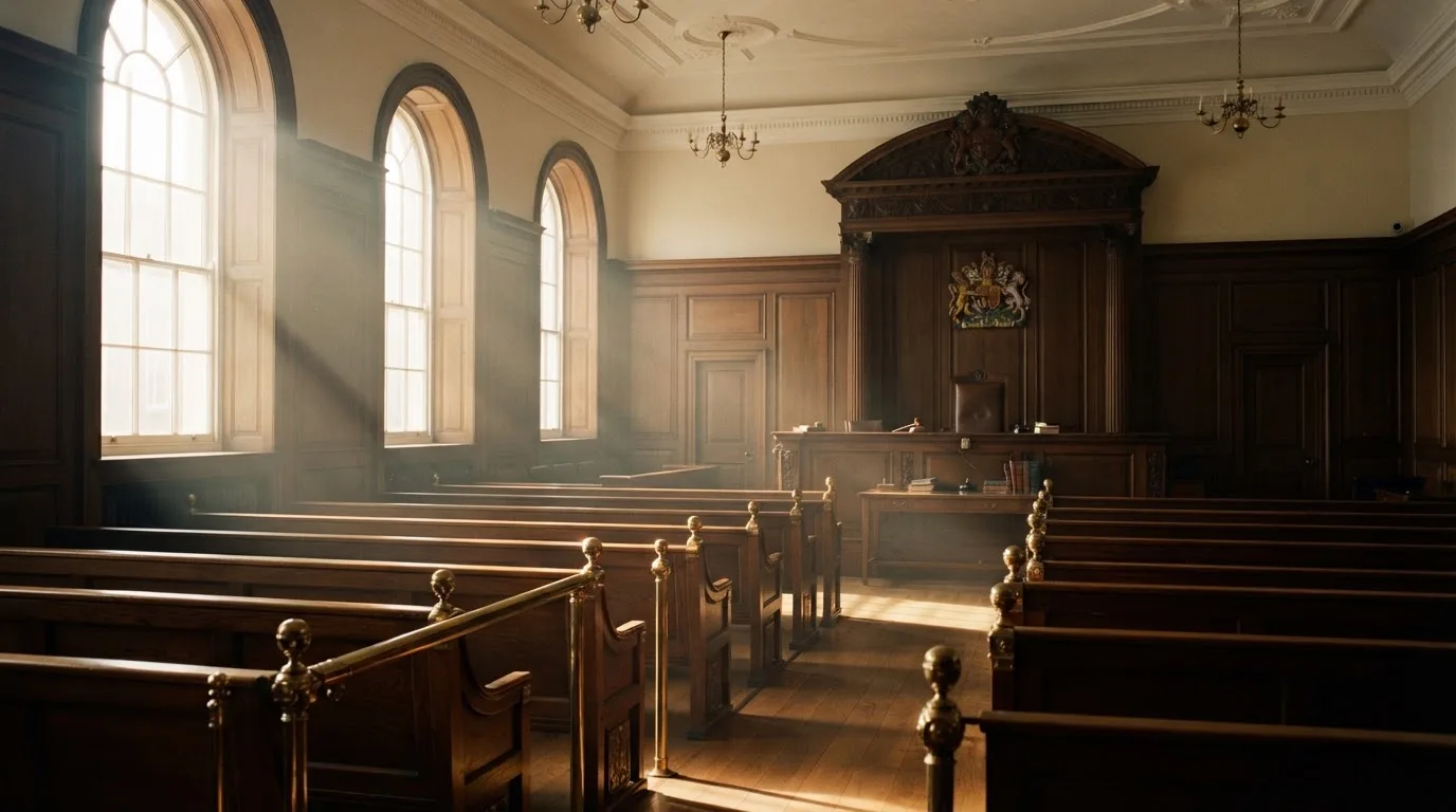 An empty courtroom with wooden benches in morning light