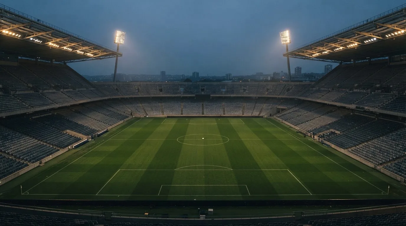 An empty football stadium with floodlight masts at dusk