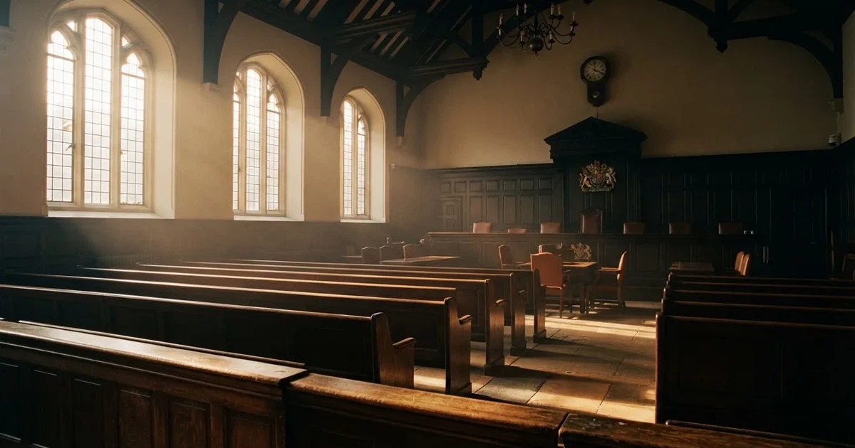 An empty courtroom with wooden benches in morning light