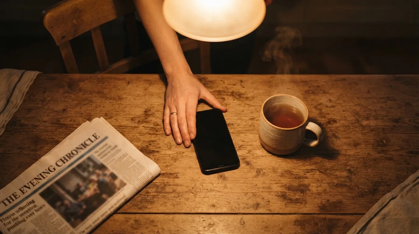 A hand setting a smartphone down beside a cup of tea on a kitchen table on a quiet evening