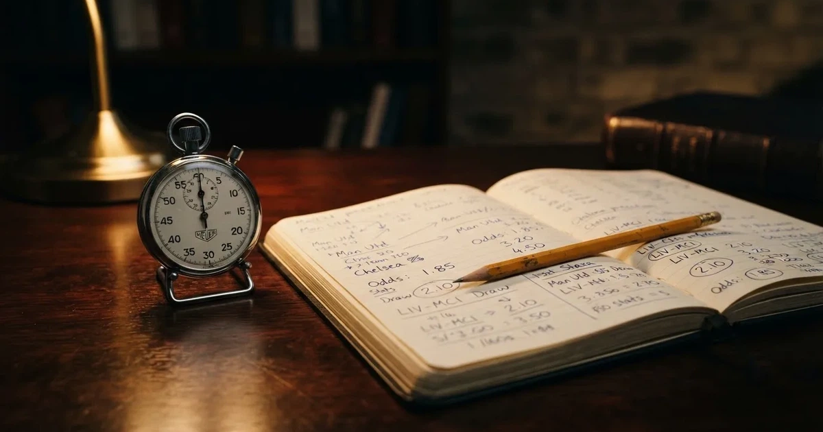 An open notebook with a pencil and a stopwatch on a wooden table
