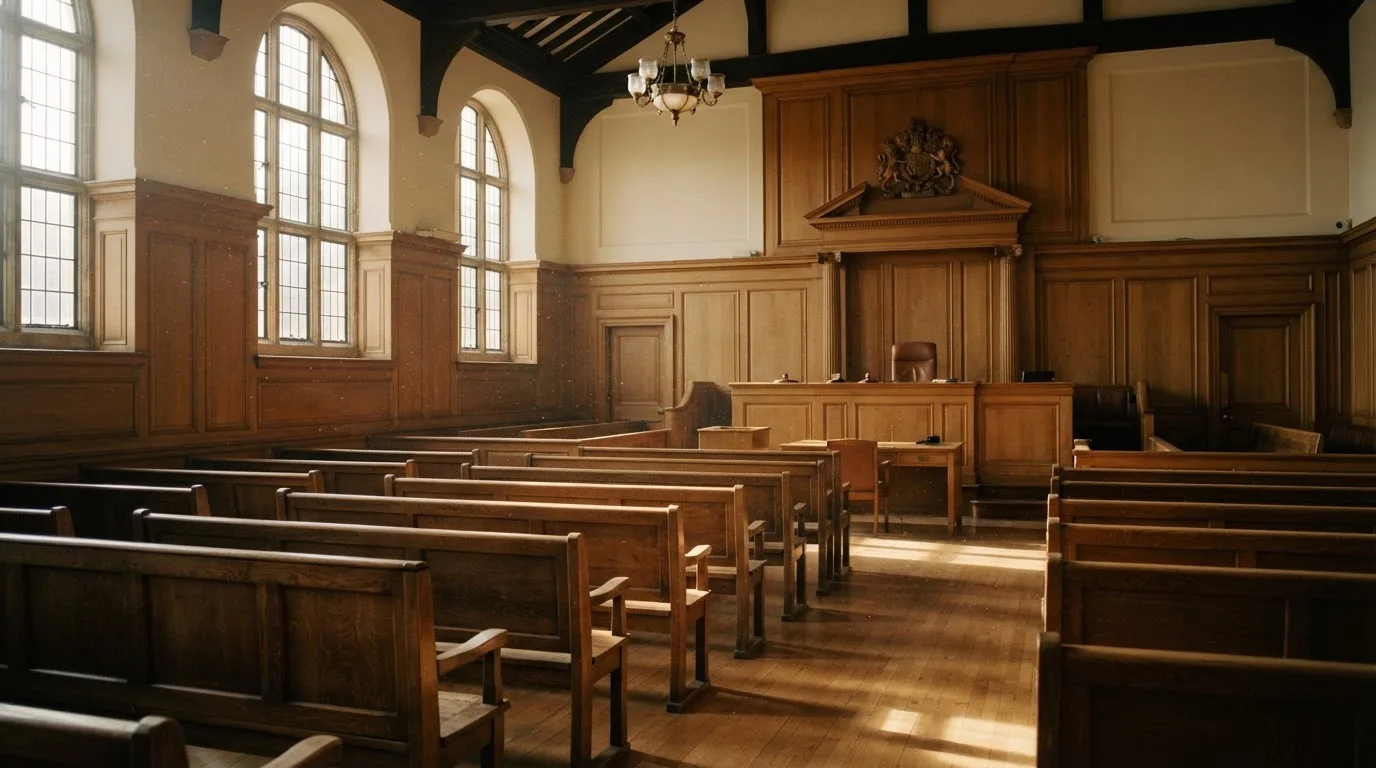 An empty courtroom with wooden benches in morning light