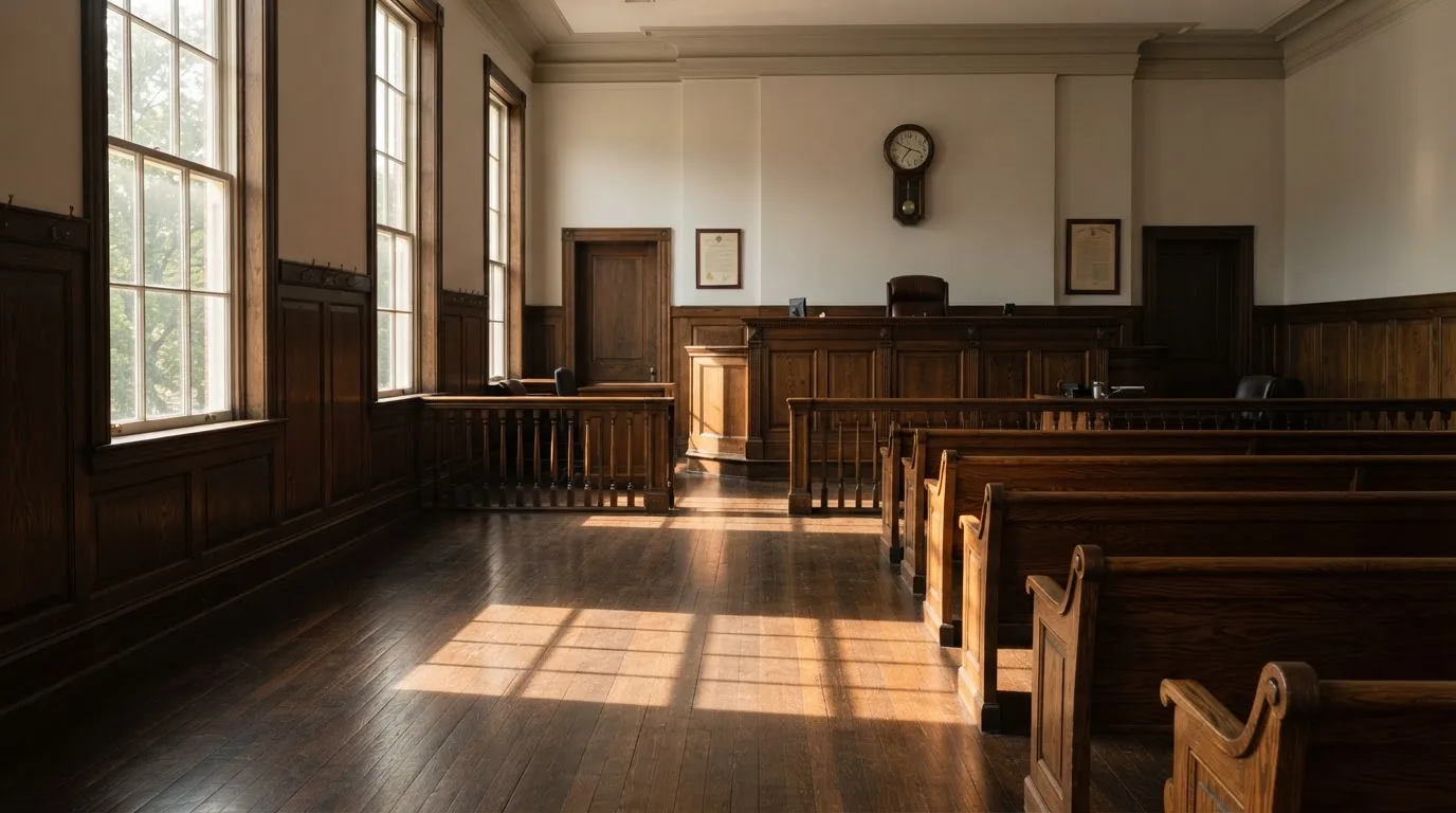 An empty courtroom with wooden benches in morning light