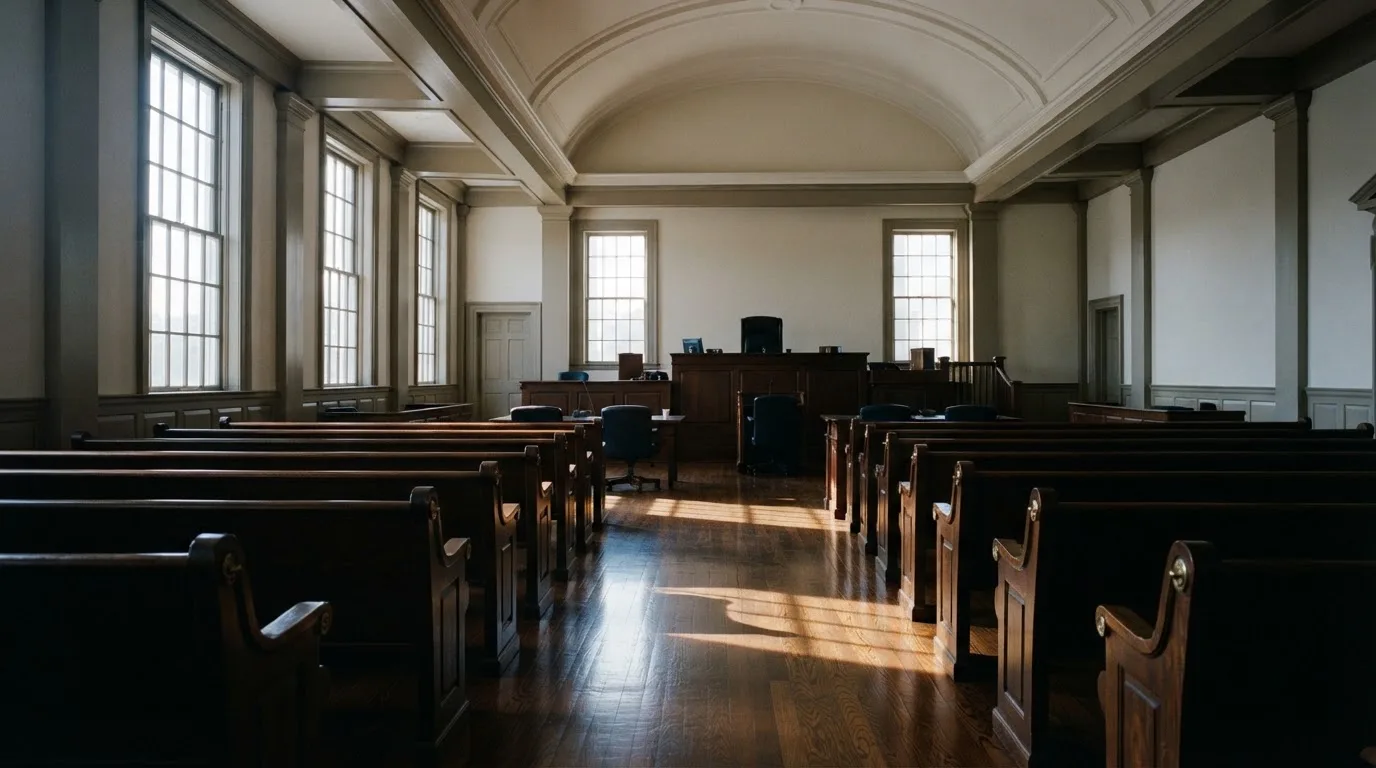 An empty courtroom with wooden benches in morning light