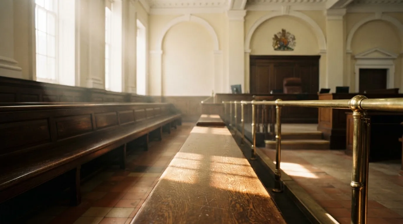 An empty courtroom with wooden benches in morning light