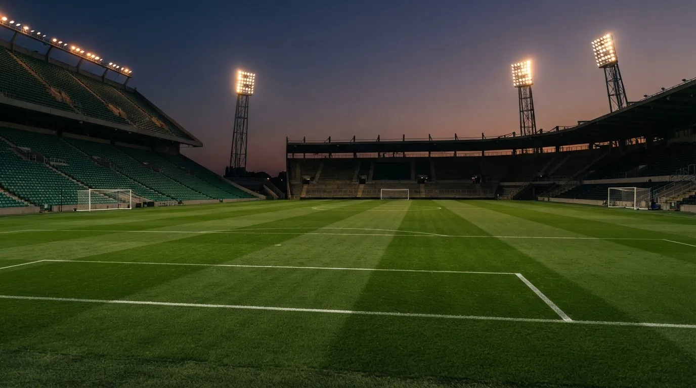 An empty football stadium with floodlight masts at dusk
