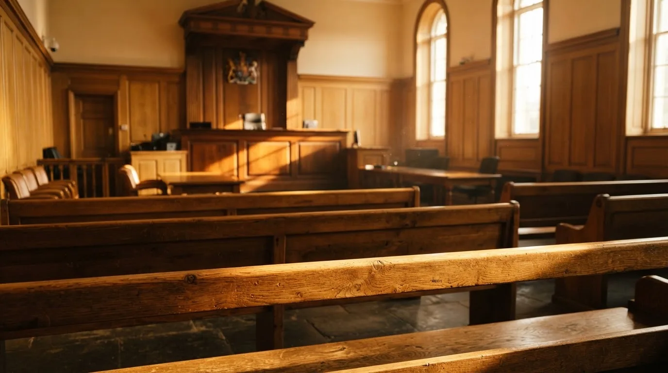 An empty courtroom with wooden benches in morning light
