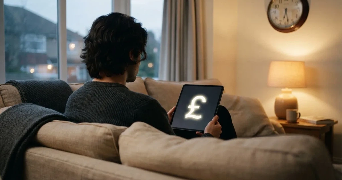 A person on a sofa looking thoughtfully at a tablet, a wall clock in the background