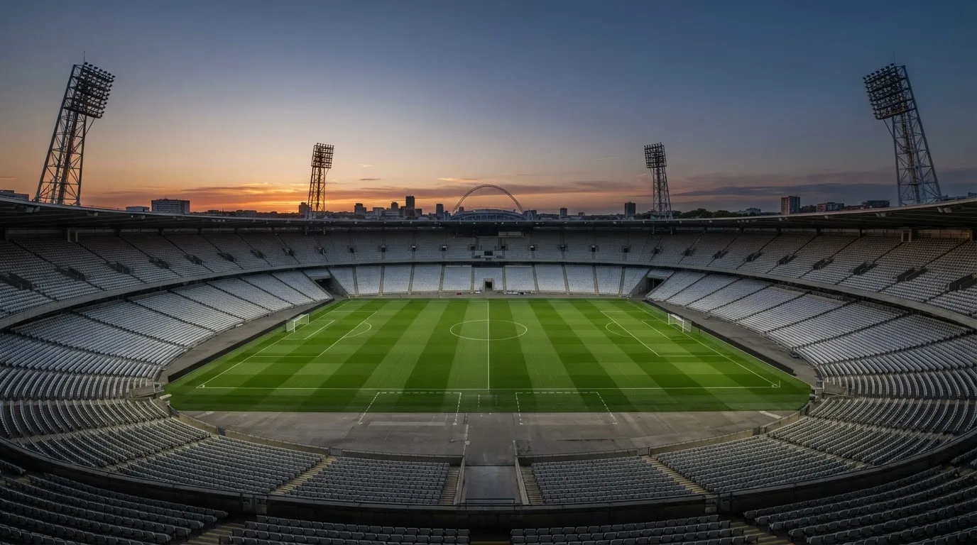 An empty football stadium with floodlight masts at dusk