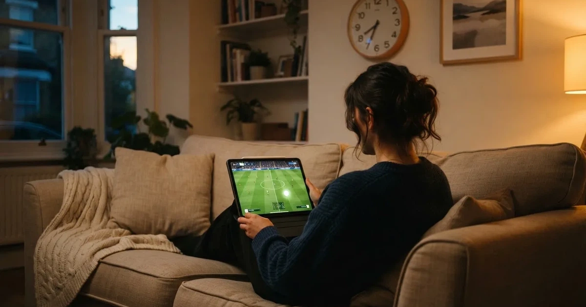 A person on a sofa looking thoughtfully at a tablet, a wall clock in the background
