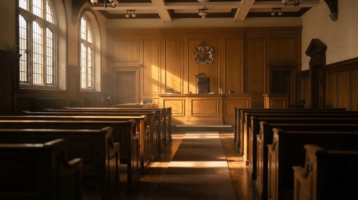An empty courtroom with wooden benches in morning light
