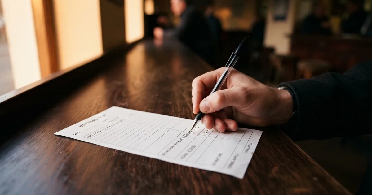 A blank paper betting slip beside a pen on a wooden counter