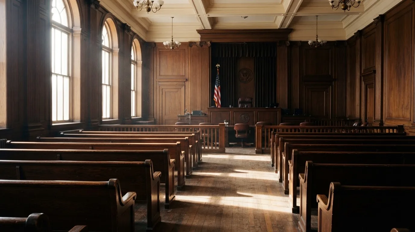 An empty courtroom with wooden benches in morning light