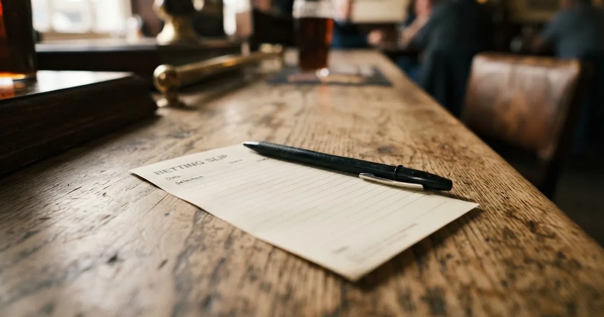 A blank paper betting slip beside a pen on a wooden counter