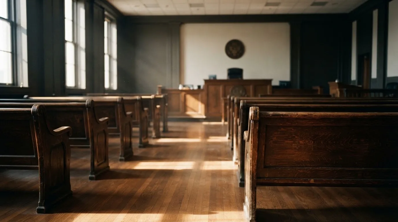 An empty courtroom with wooden benches in morning light