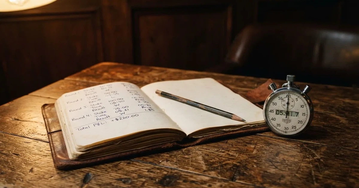 An open notebook with a pencil and a stopwatch on a wooden table