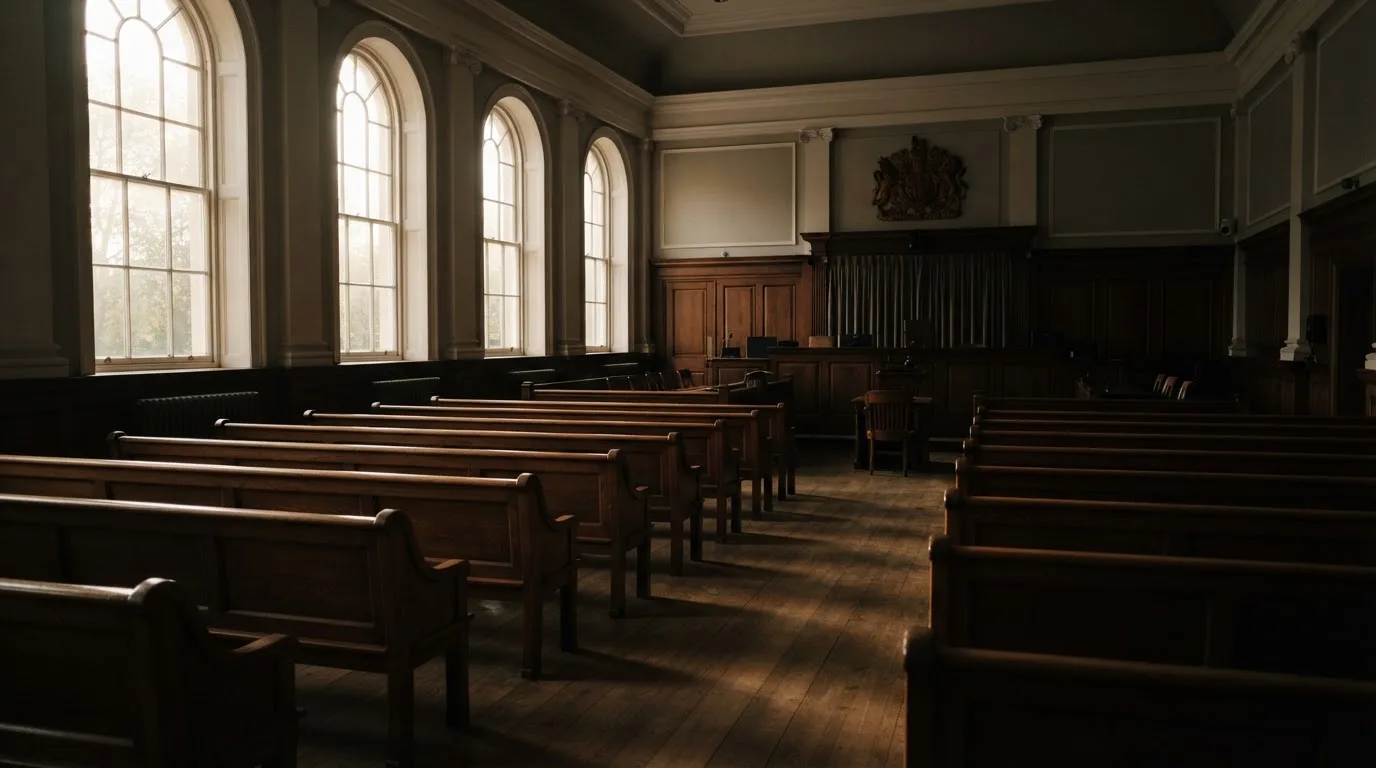 An empty courtroom with wooden benches in morning light