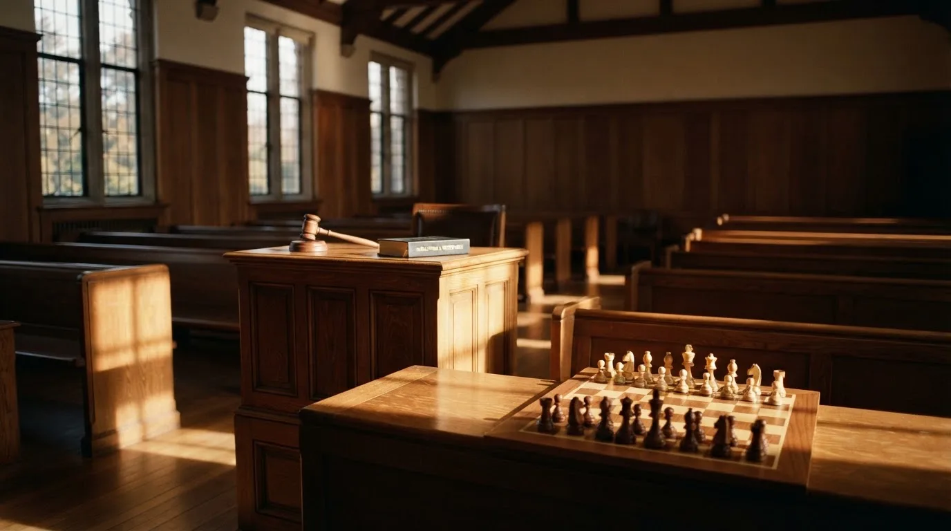 An empty courtroom with wooden benches in morning light