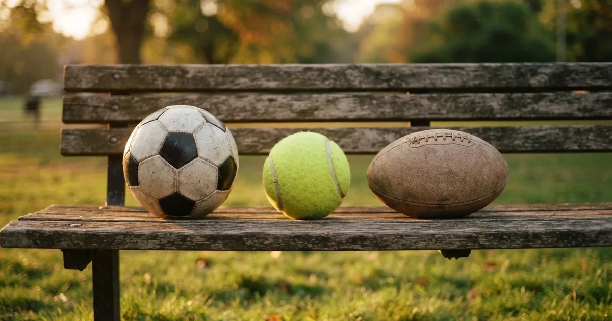 Three balls of different kinds side by side on a wooden bench
